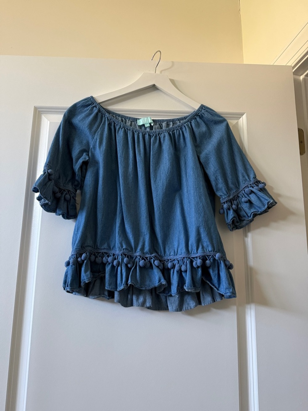 Girls Blue Pom-Pom Peasant Top - Unknown Brand